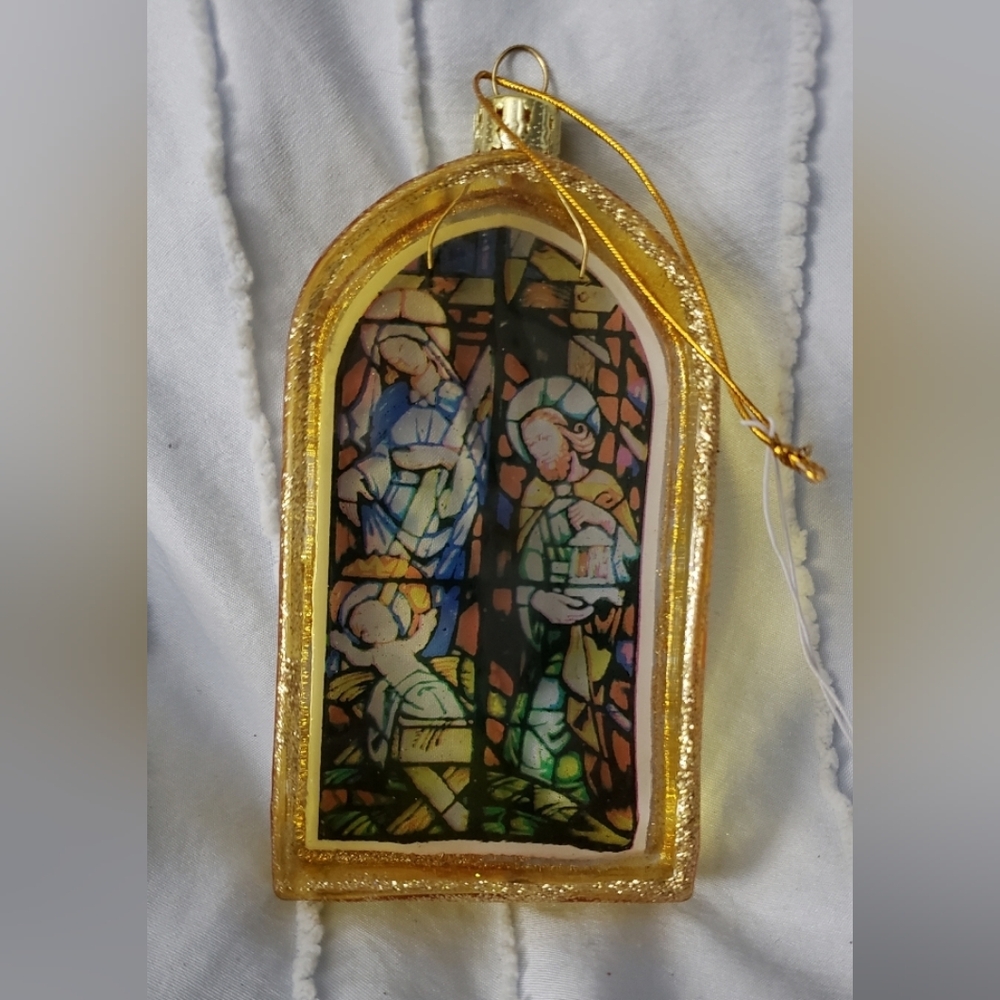 Stained Glass Art Panel with Gold Frame Christmas Ornament Nativity